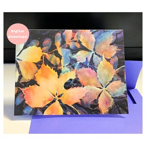 Modello per biglietti d'auguri e buste ad acquerello, stampabili, splendide opere d'arte originali, foglie autunnali, per tutte le occasioni, interno vuoto, 5x7