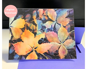 Watercolor greeting card & envelope template, Printables, Beautiful original art, Fall leaves, All occasion, Blank inside, 5x7