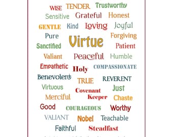Virtue Word Cloud printable poster, bookmark, Inspiration for keeping virtue in your heart, LDS handout, Russel M. Nelson, Digital download