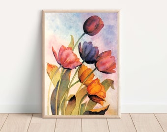 Printable watercolor, beautiful artistic colorful tulips wall art from an original painting. Abstract vibrant floral. For a flower lover!