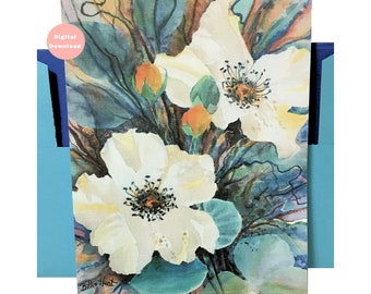 Watercolor greeting card & envelope template, Printables, Striking original watercolor, Wild Roses / Teal, All occasion, Blank inside, 5x7