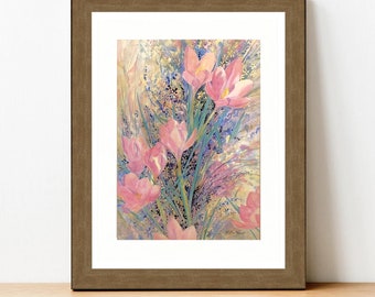 Printable floral watercolor wall art from an original painting. Vibrant pink crocus flowers, colorful abstract.  Instant digital download.