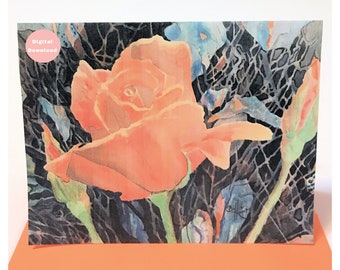 Watercolor greeting card & envelope template, Printables, Striking original watercolor, Bright orange roses, All occasion, Blank inside, 5x7