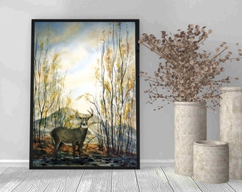 Printable wildlife watercolor wall art from an original landscape painting. Up to 16" x20". Instant digital download. Great gift for Dad!