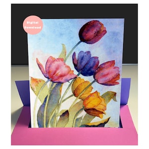 Aquarell Grußkarten & Umschlag-Vorlagen, Printables, Atemberaubende originale Kunst, Bunte Tulpen Blumen, Alle Anlässe, Innen leer, 13x18