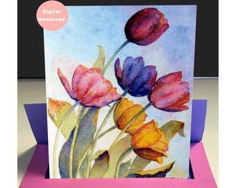 Watercolor greeting card & envelope template, Printables, Stunning original art, Colorful tulip flowers, All occasion, Blank inside, 5x7