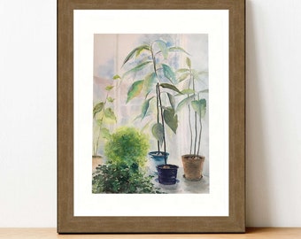 Printable watercolor wall art from an original painting. Plants in Window. Beautiful houseplants. Instant download. Gift for a plant lover.
