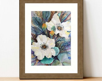 Printable watercolor wall art from an original painting. Vibrant colors, wild roses, vintage retro design. Whimsical art. Instant download.
