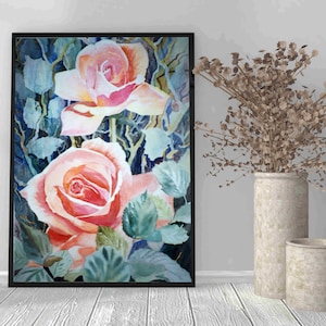 Printable watercolor wall art from an original painting. Vibrant pink roses. Vintage 1980s floral design. Bright pink gift for flower lover.