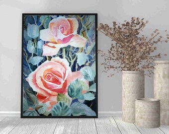 Printable watercolor wall art from an original painting. Vibrant pink roses. Vintage 1980s floral design. Bright pink gift for flower lover.