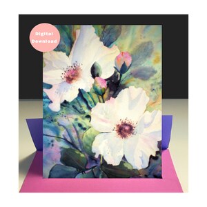 Aquarel wenskaart en envelopsjabloon, printables, prachtige originele kunst, wilde rozen / roze, alle gelegenheden, blanco van binnen, 5 x 7