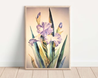 Printable watercolor wall art from an original painting. Purple Iris in retro vintage design. Dreamy pastel colors in soothing floral art.