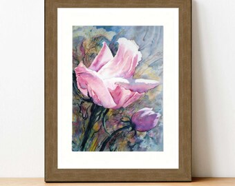 Printable watercolor wall art from an original painting. Pink roses in a vintage design. 1980s abstract, whimsical flower. Instant download.
