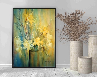 Printable watercolor flowers retro wall art from original painting. Artistic. vibrant Daffodils & Pussy Willows. Colorful abstract print.