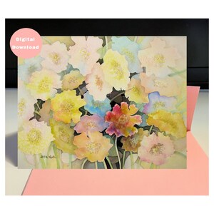 Original Aquarell Grußkarte, Umschlag Vorlage, Printables, Original Aquarell, Schöne Blumen, Blanko Grußkarte, für alle Anlässe