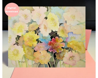Watercolor greeting card & envelope template, Printables, Original watercolor, Lovely flower blossoms, All occasion, Blank note card