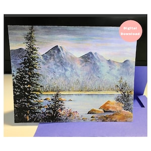 Modelo de cartão de felicitações e envelope em aquarela, Imprimíveis, Aquarela original cênica, Lindo lago de montanha, Para todas as ocasiões, Cartão de nota em branco