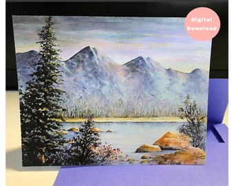Watercolor greeting card & envelope template, Printables, Scenic original watercolor, Beautiful mountain lake, All occasion, Blank note card