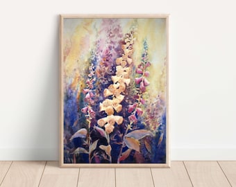 Printable colorful watercolor wall art from an original painting. Foxglove flowers in deep, rich colors. Up to 16" x20". Instant download.