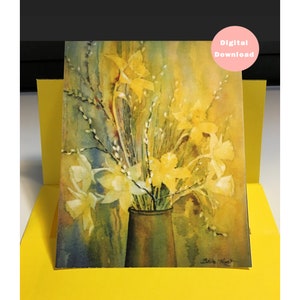 Aquarell Grußkarten & Umschlag-Vorlagen, Printables, klassische original Kunst, Osterglocken und Weidenkätzchen, Für alle Gelegenheiten, innen leer, 13x18
