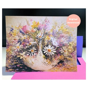 Aquarell Grußkarten & Umschlag Vorlage, Printables, Charmante originale Kunst, Blumenkorb, alle Gelegenheit, innen leer, 13x18