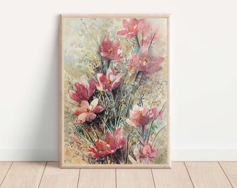 Printable floral watercolor wall art from an original painting. Abstract art in a vintage 1980s design. Up to 16" x20". Instant download.