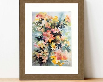 Printable floral watercolor wall art from an original painting. Vintage 1980s floral design.  Vibrant colors. Bright abstract flower art.
