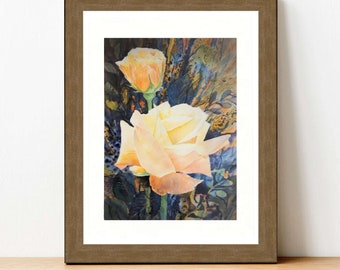 Printable watercolor art from an original painting. Yellow roses in an abstract vintage design. Vibrant color floral art. Instant download.