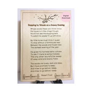 Zatrzymanie się przy Woods, projekt/wzór SVG do grawerowania laserowego, Sztuka ścienna poezji, Robert Frost, Myśli o życiu. Mile do przejścia, Pobieranie cyfrowe.