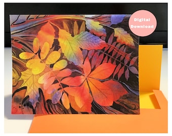 Watercolor gift or greeting card & envelope template, Printables, Brilliant original art, Colorful leaves, All occasion, Blank inside, 5x7