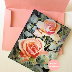 Watercolor greeting card & envelope template, Printables, Unique original watercolor, Brilliant pink roses, All occasion, Blank inside, 5x7