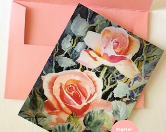 Watercolor greeting card & envelope template, Printables, Unique original watercolor, Brilliant pink roses, All occasion, Blank inside, 5x7