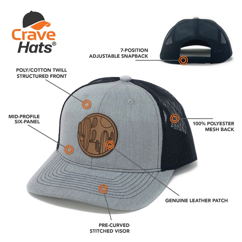 Puede incluir: Una gorra de camionero gris y negra con un parche de cuero marr&oacute;n con un dise&ntilde;o de cactus. La gorra tiene un frente estructurado, una visera cosida precurvada y una hebilla ajustable de 7 posiciones.