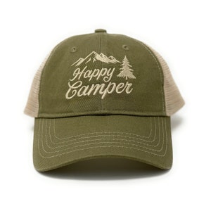 Happy Camper Hat (Olive), Camping Hat, Camping Trucker Hat, Camper Gifts, Baseball Hat
