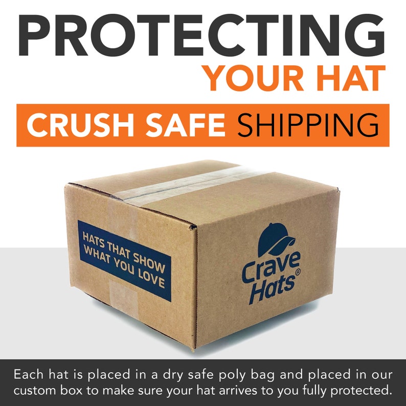 Puede incluir: Una caja de cart&oacute;n marr&oacute;n con el texto "HATS THAT SHOW WHAT YOU LOVE" y "Crave Hats" impreso en ella. La caja est&aacute; dise&ntilde;ada para proteger los sombreros durante el env&iacute;o.