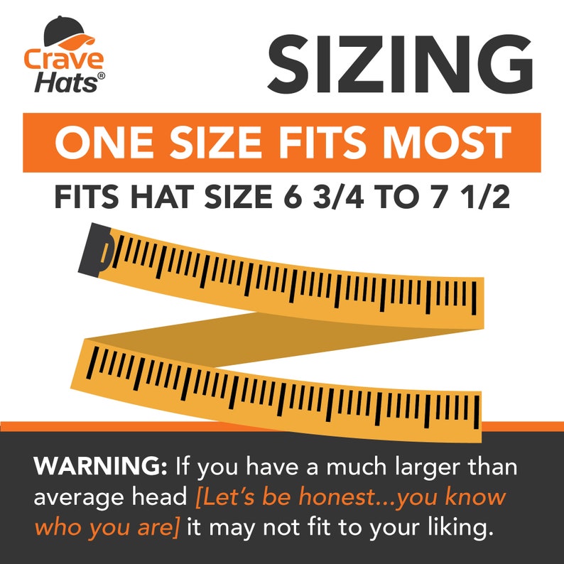 Puede incluir: Un gr&aacute;fico que muestra la informaci&oacute;n de tallas para un sombrero. El gr&aacute;fico muestra una cinta m&eacute;trica con el texto "One Size Fits Most" y "Fits Hat Size 6 3/4 to 7 1/2". El gr&aacute;fico tambi&eacute;n incluye una advertencia de que si tienes una cabeza mucho m&aacute;s grande que la media, el sombrero puede que no te quede.