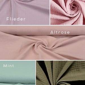 May include: Four swatches of fabric in different colors: light purple, pink, light pink, and olive green. The fabric is a soft, textured gauze.