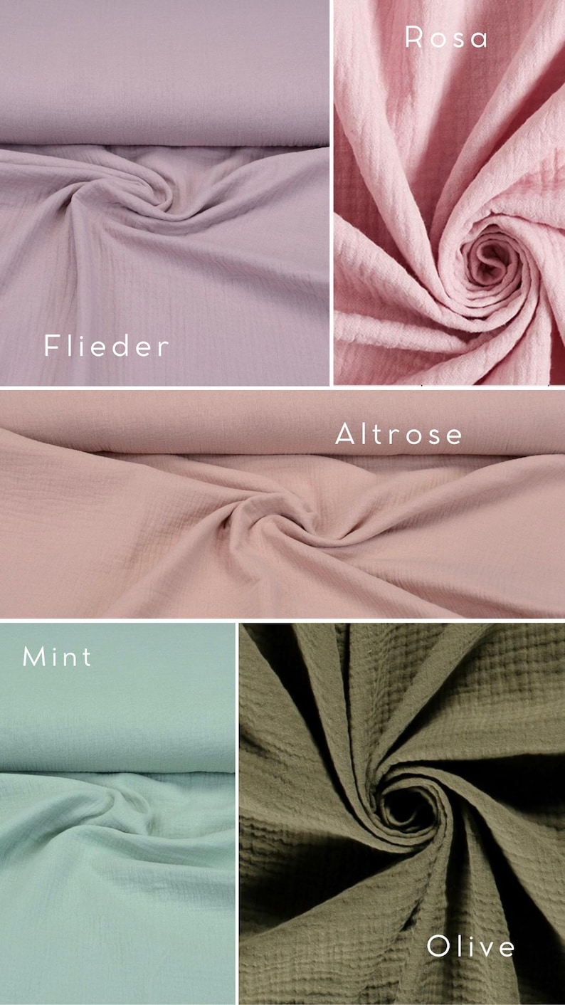 May include: Four swatches of fabric in different colors: light purple, pink, light pink, and olive green. The fabric is a soft, textured gauze.