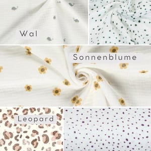 May include: Five different fabric swatches with various patterns. The swatches are white with different colored designs. The designs include: whales, green dots, yellow flowers, leopard print, and purple dots. The text "Wal", "Dots Gr&uuml;n", "Sonnenblume", "Leopard", and "Dots Violett" are written on the swatches.