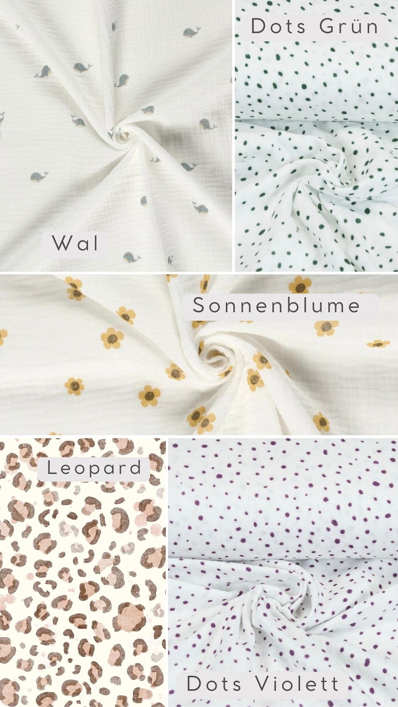 May include: Five different fabric swatches with various patterns. The swatches are white with different colored designs. The designs include: whales, green dots, yellow flowers, leopard print, and purple dots. The text "Wal", "Dots Gr&uuml;n", "Sonnenblume", "Leopard", and "Dots Violett" are written on the swatches.