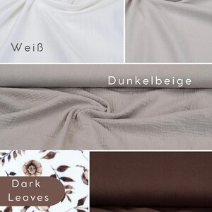 May include: Five fabric swatches in different colors and patterns. The swatches are arranged in a grid. The top row shows white fabric labeled "Wei&szlig;" and light beige fabric labeled "Hellbeige". The second row shows a darker beige fabric labeled "Dunkelbeige" and a white fabric with a brown leaf pattern labeled "Dark Leaves". The bottom row shows a brown fabric labeled "Braun".