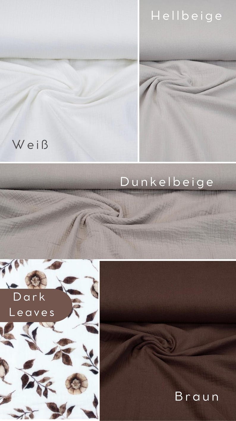 May include: Five fabric swatches in different colors and patterns. The swatches are arranged in a grid. The top row shows white fabric labeled "Wei&szlig;" and light beige fabric labeled "Hellbeige". The second row shows a darker beige fabric labeled "Dunkelbeige" and a white fabric with a brown leaf pattern labeled "Dark Leaves". The bottom row shows a brown fabric labeled "Braun".