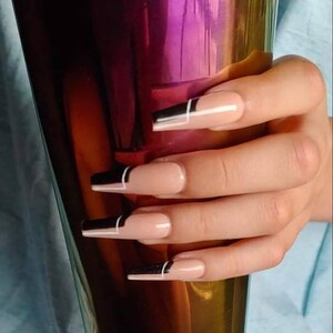 Twisted French- Gel Press On Nails | Size Medium | Fake Nails | Black and White French | Ready to Ship