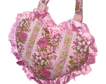 Pink Floral Ruffle Heart Tote Bag - Satin Trim