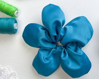 Teal Satin Oversize Flower Scrunchie