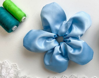 Blue Satin Oversize Flower Scrunchie