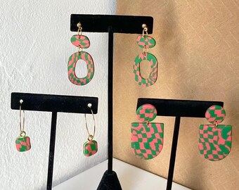 Watermelon Bliss checkered earrings | Green and coral checkered lightweight statement earrings