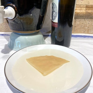 Op de afbeelding: Een wit keramiek bord met een dunne gouden rand houdt een lichtbruin, doorschijnend, driehoekig stuk kombucha SCOBY vast. De SCOBY drijft in een heldere vloeistof.