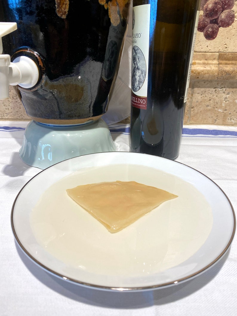 Op de afbeelding: Een wit keramiek bord met een dunne gouden rand houdt een lichtbruin, doorschijnend, driehoekig stuk kombucha SCOBY vast. De SCOBY drijft in een heldere vloeistof.