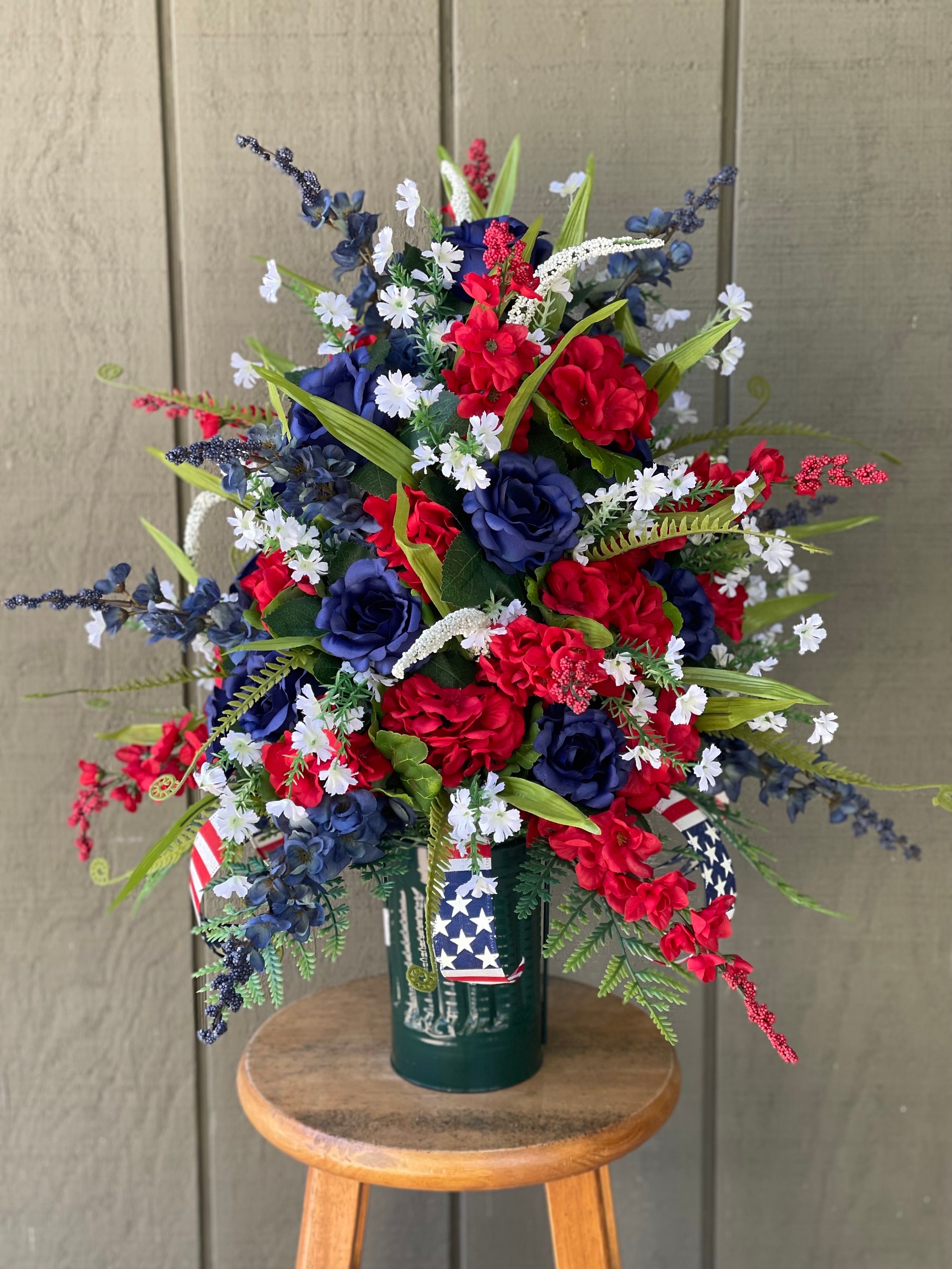 Patriotic Red white and Blue artificial Cemetery Flowers Grave Flower Arrangement With Green Enamel Cemetery Vase. Etsy Canada
